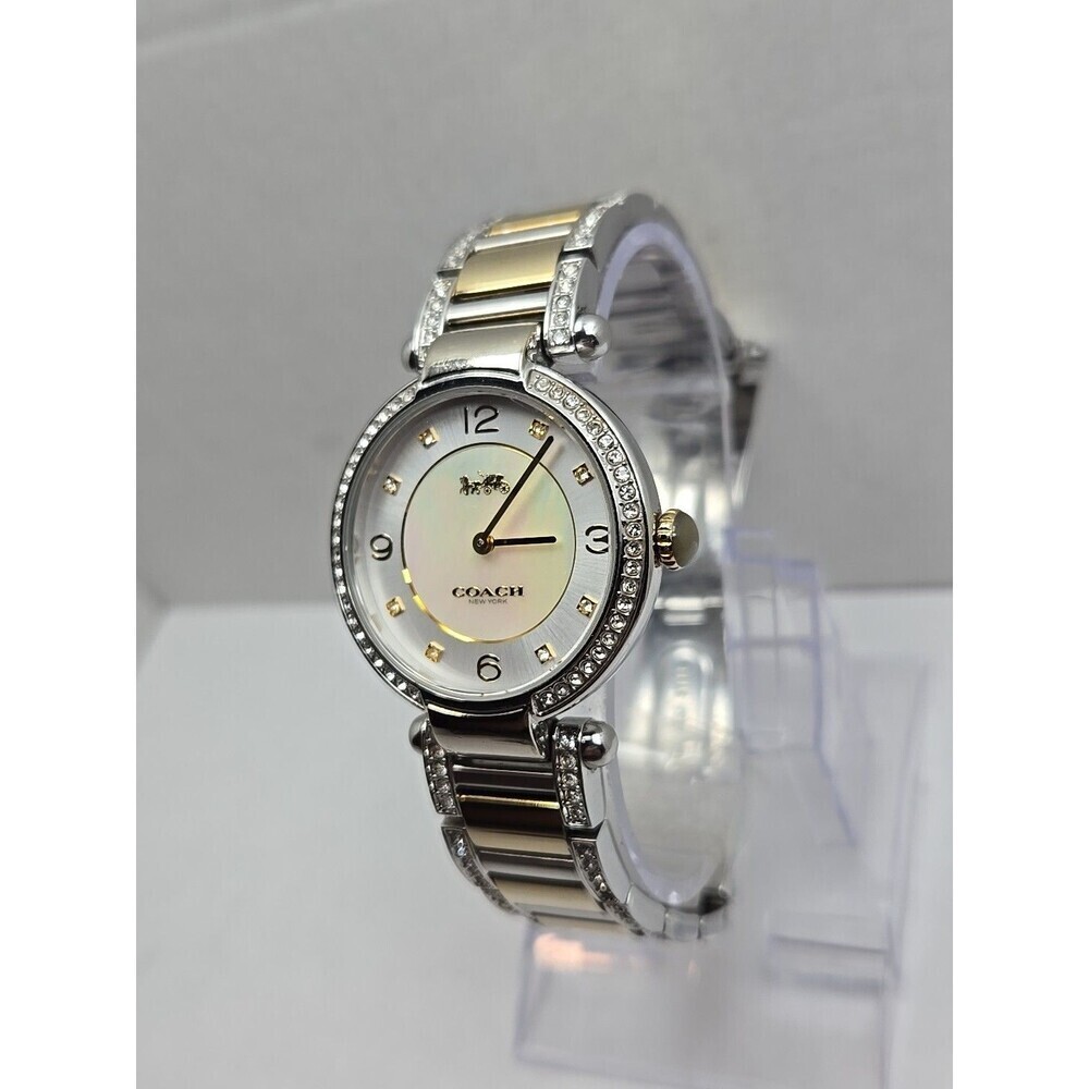 Coach Cary Two Tone Crystal Bezel Mother Of Pearl Watch New Battery Petite Small - Picture 2 of 11